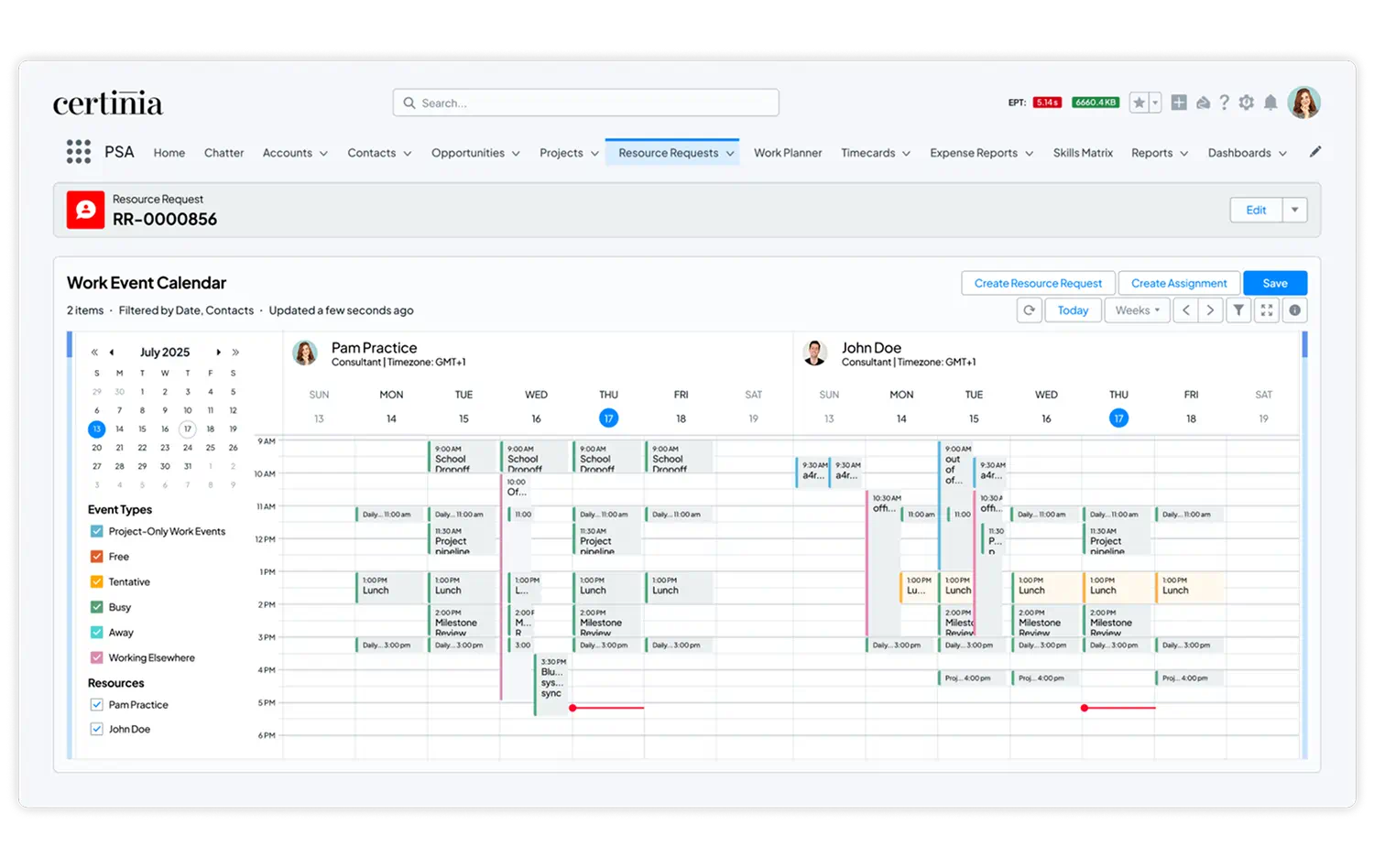 Image of Certinia Professional Services (PS) Cloud's resource management work event calendar