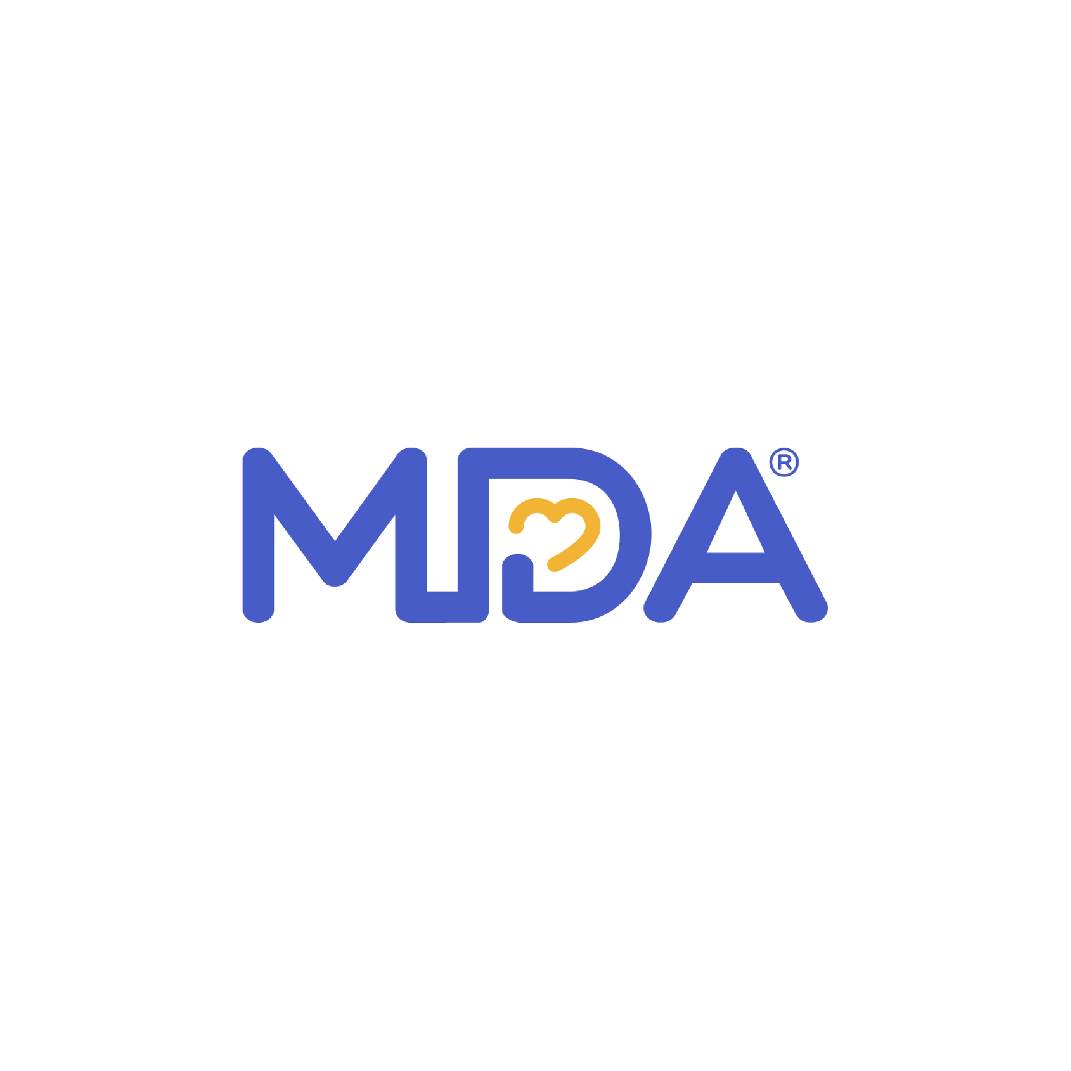 Muscular Dystrophy Association MDA logo with blue letters and a yellow heart icon in the "d" - Certinia customer