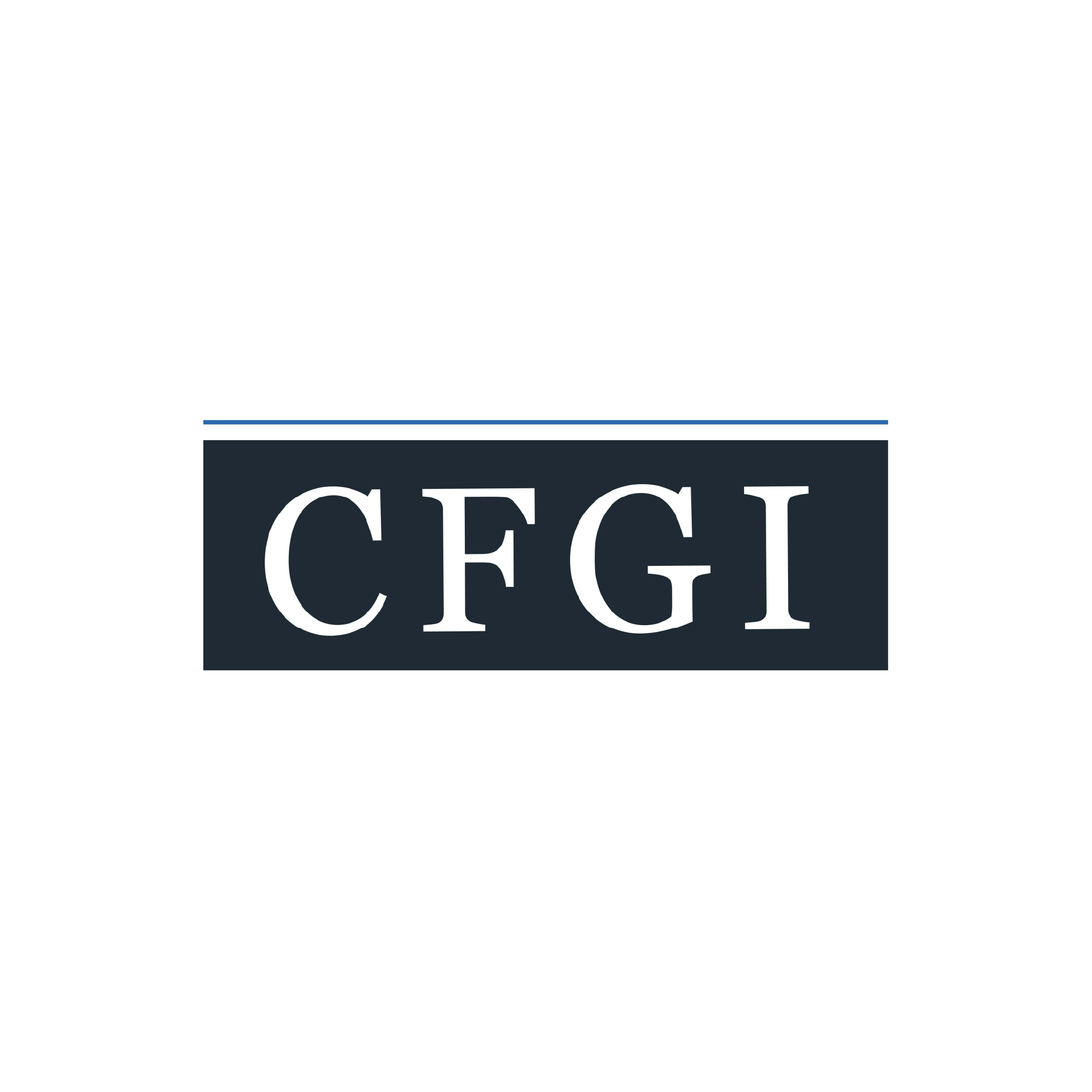 CFGI logo in serif white text on dark blue rectangular banner - Certinia customer