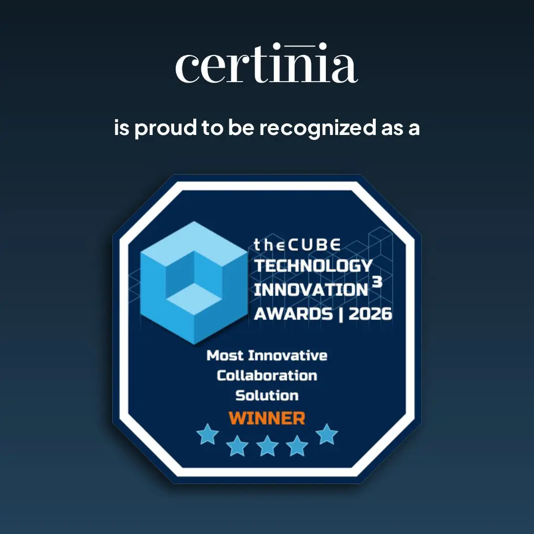 A Certinia award announcement graphic featuring theCUBE Technology Innovation Awards 2026 logo. It identifies Certinia as the winner for 