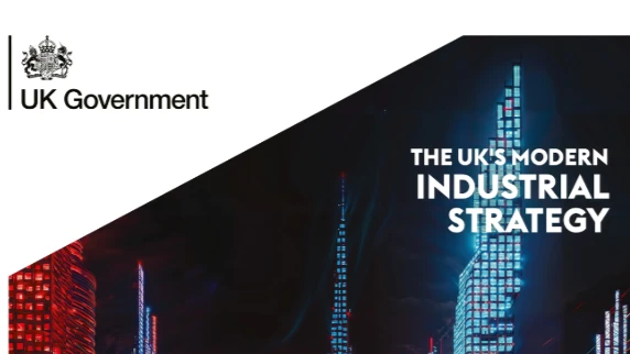 Graphic with UK Government logo and text top-left, and 'The UK's Modern Industrial Strategy' on middle right