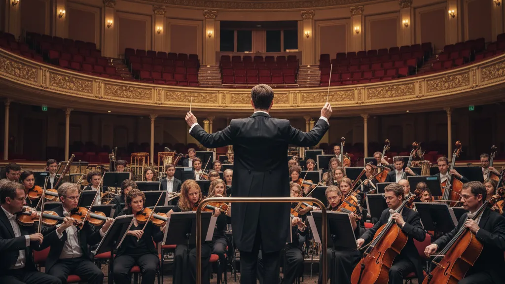 Image of a conductor leading a string orchestra in an empty, red and gold auditorium