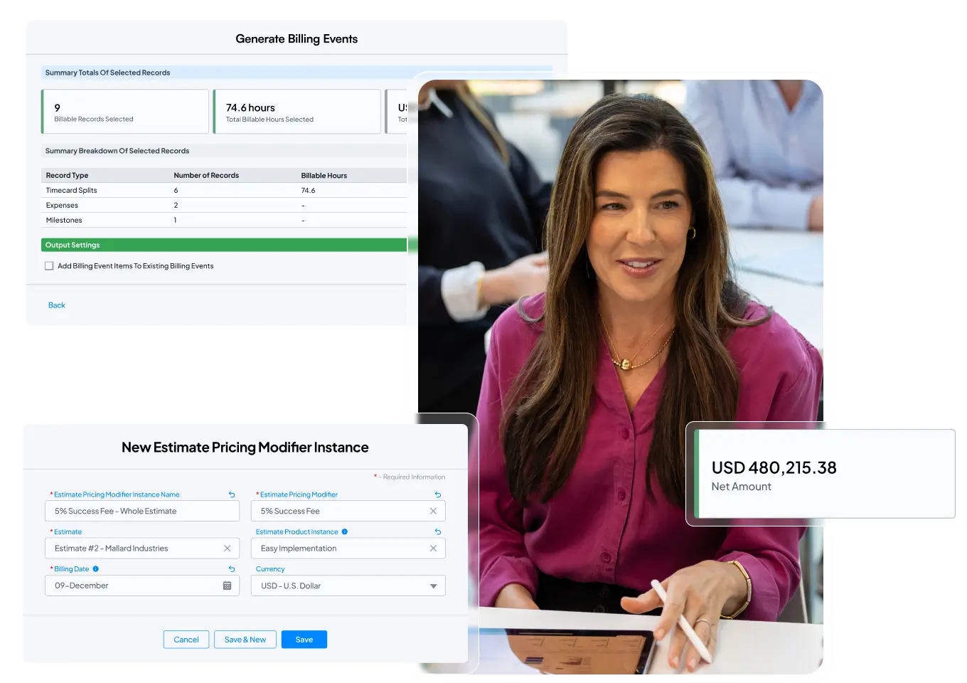 Image showing stacked Certinia product dashboards to highlight a range of solution capabilities tailored for sales teams