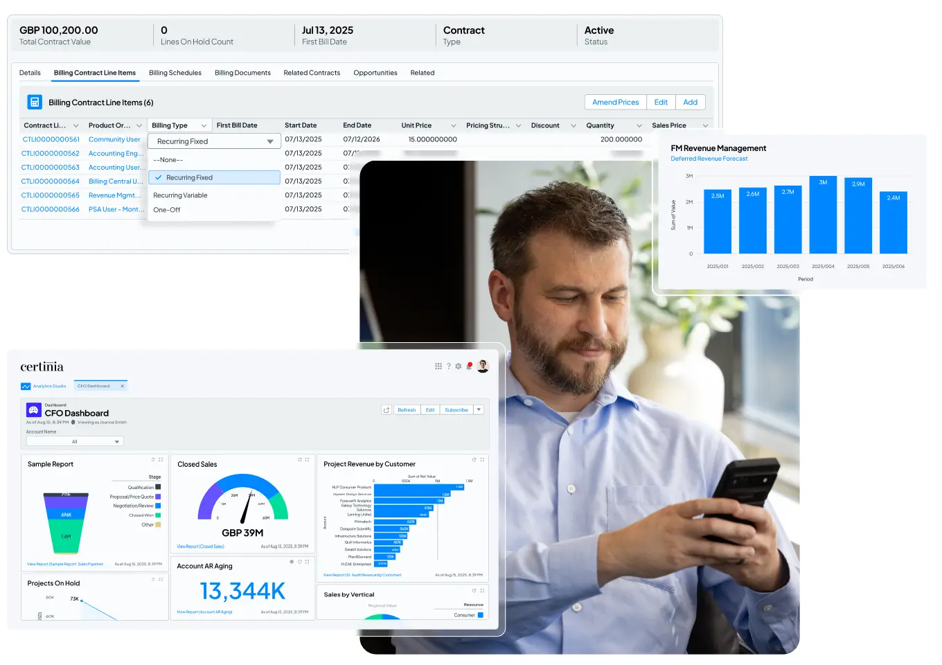 Image displaying stacked Certinia dashboards, highlighting various services billing product dashboards