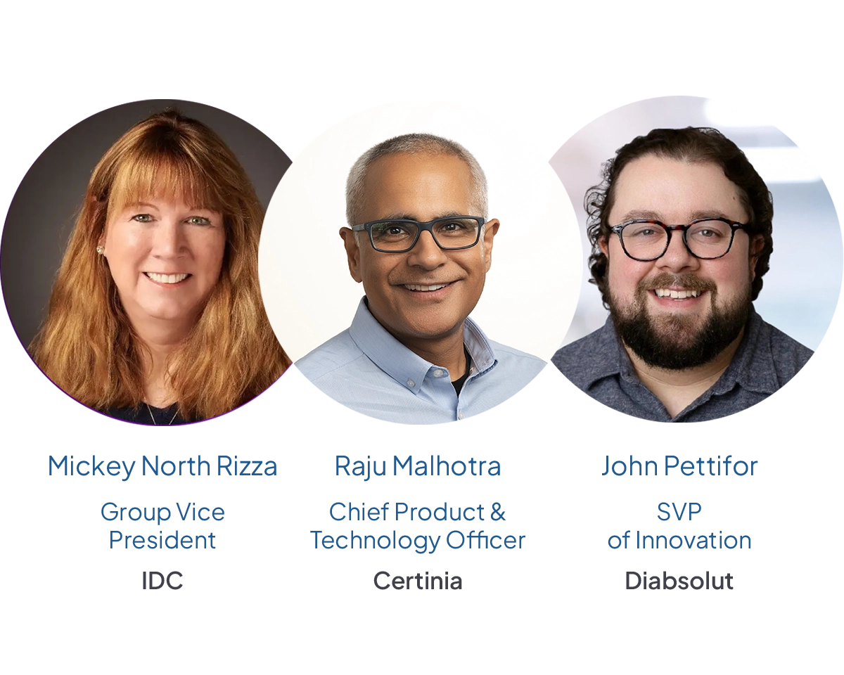 A corporate banner featuring three professional headshots side-by-side in circular frames. From left to right: Mickey North Rizza, Group Vice President at IDC; Raju Malhotra, Chief Product & Technology Officer at Certinia; and John Pettifor, SVP of Innovation at Diabsolut.