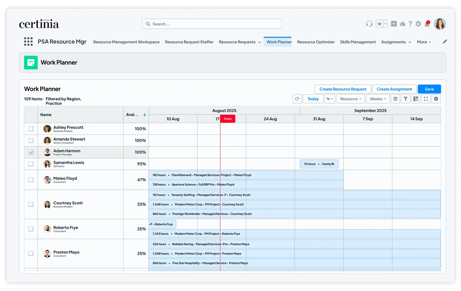 Timeline view of Certinia Professional Services (PS) Cloud's resource management work planner