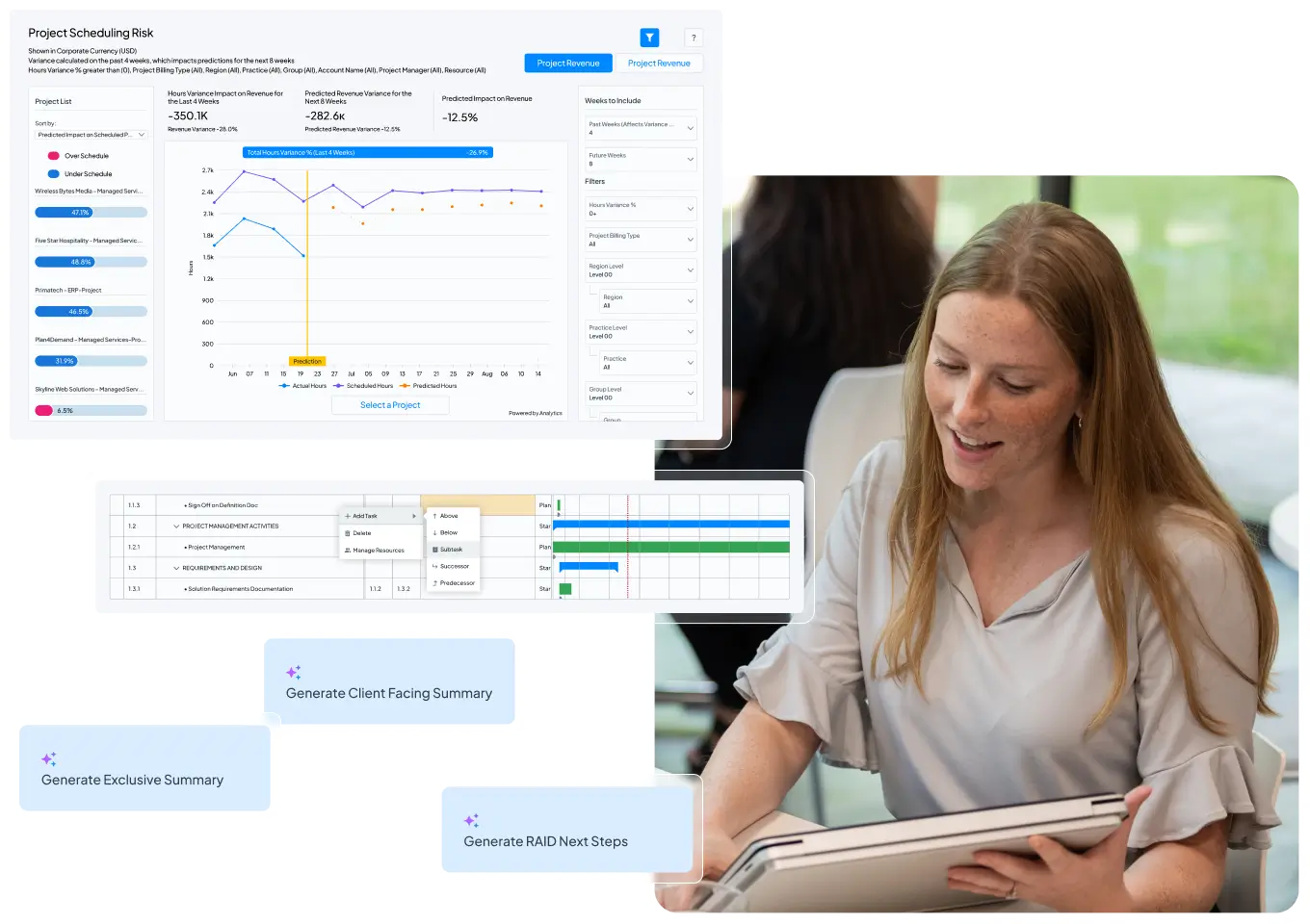 Stacked dashboards image from Certinia Services Delivery highlighting multiple solution views