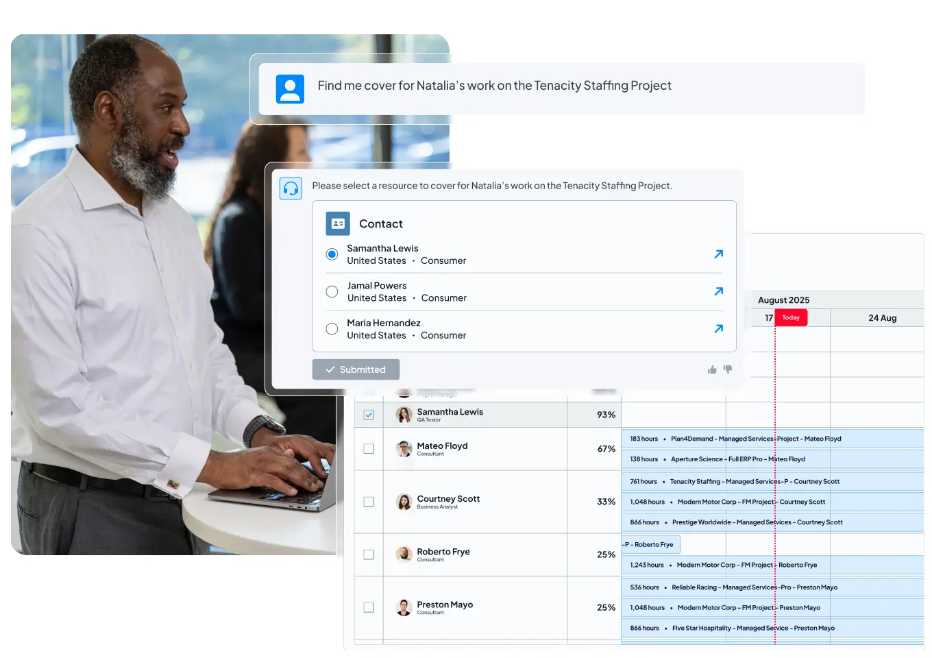 Stacked Certinia dashboards highlighting solution capabilities for staffing and resource planning
